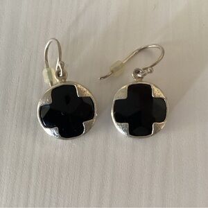Black Enamel Cross Dangle Earrings, Silver Finish Pewter